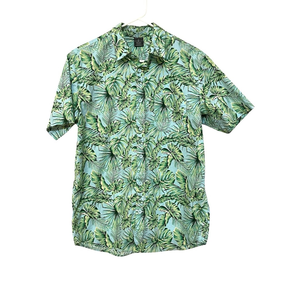 Performance Apparel Shirt Men Small Short Sleeve Button Up Tropical Palm leaves